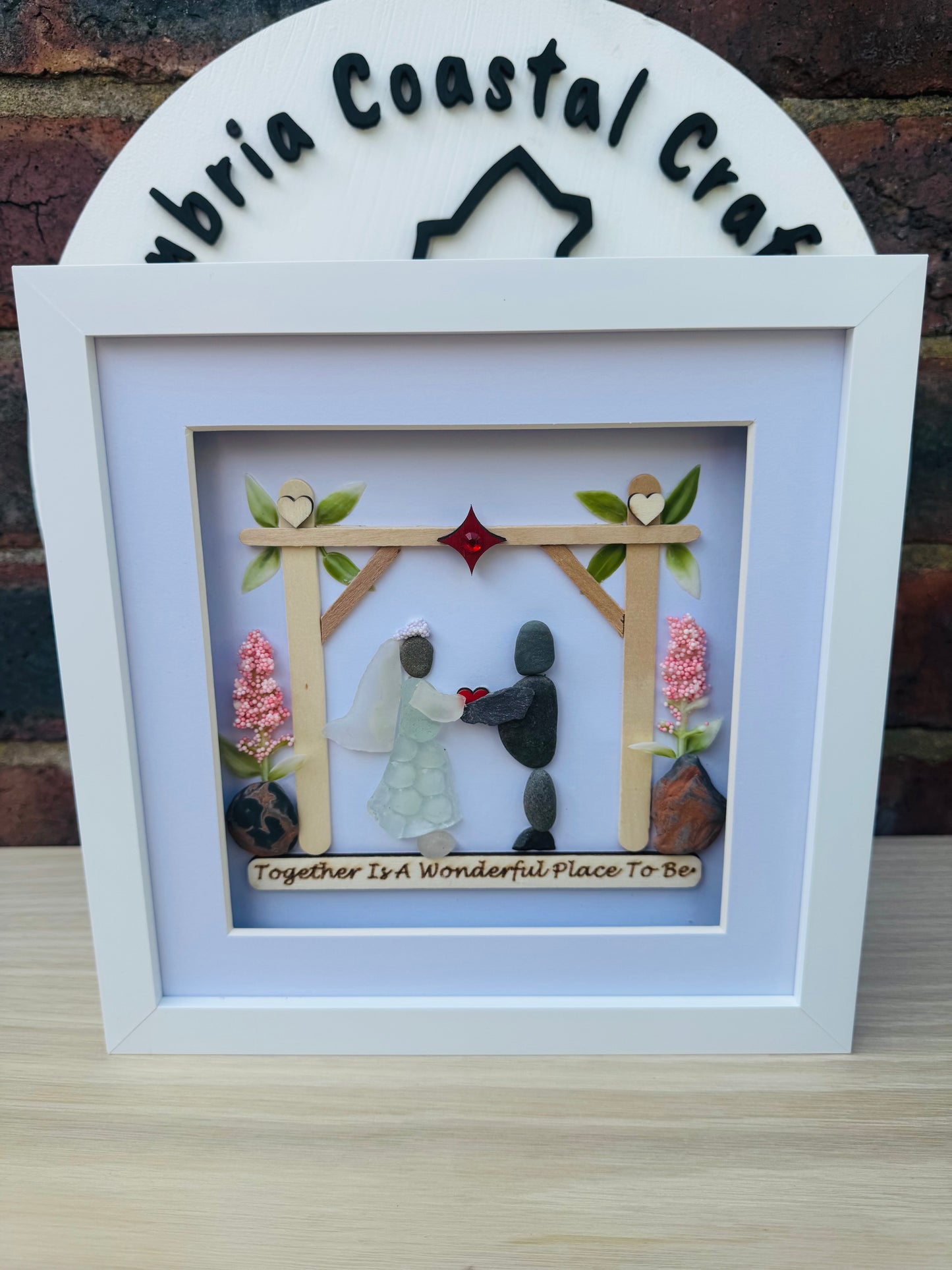 ‘Together Is A Wonderful Place To Be’ Wedding Pebble Art (8x8 frame)